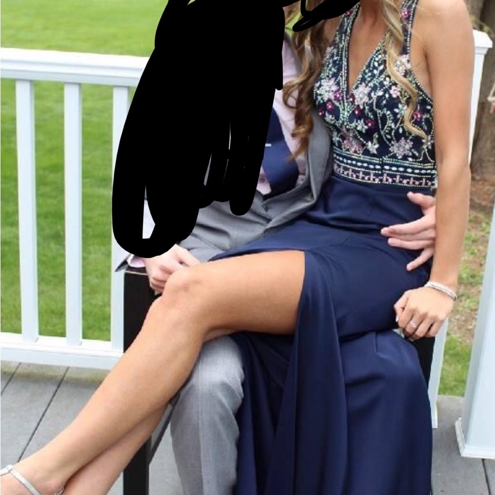 Navy blue long dress with sequence flowers